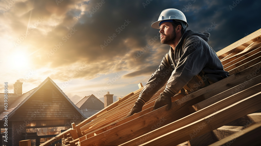 A worker roofer builder working on roof structure on construction site. Construction Worker on Duty. Contractor and the Wooden House Frame. - obrazy, fototapety, plakaty 