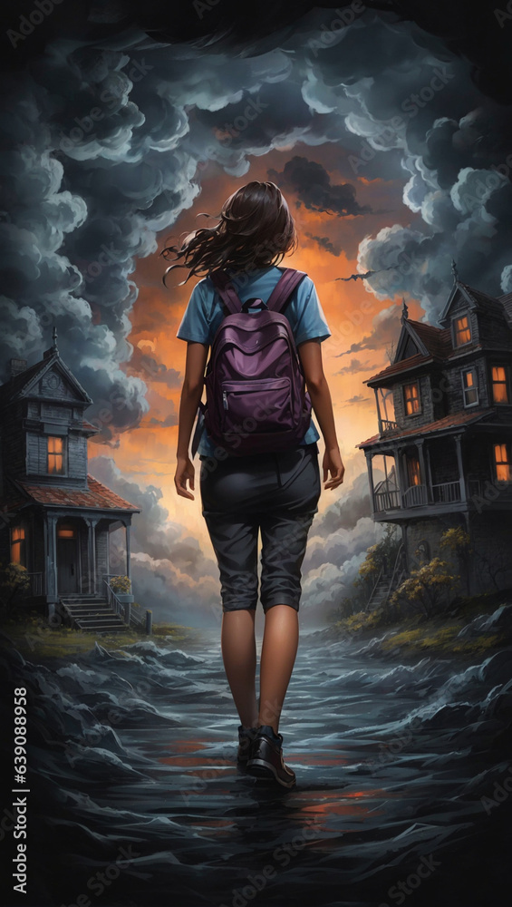 Illustration of little girl adventure in a surreal halloween haunted house