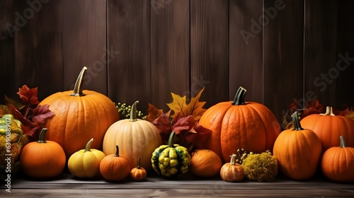 A colorful display of pumpkins  pumpkins and leaves sitting in a row on wooden background. Space for text. Generative AI.