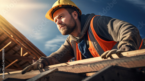 A worker roofer builder working on roof structure on construction site. Construction Worker on Duty. Contractor and the Wooden House Frame.