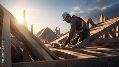 A worker roofer builder working on roof structure on construction site. Construction Worker on Duty. Contractor and the Wooden House Frame.