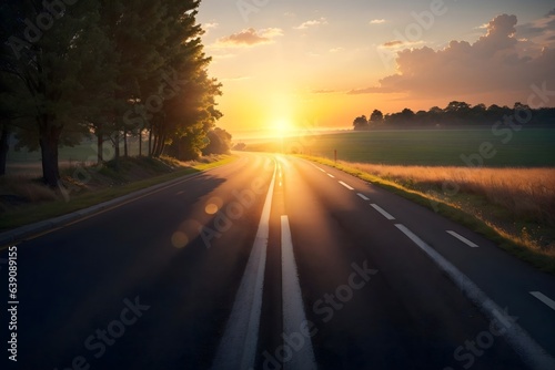 Perspective view of a simple road in sunset