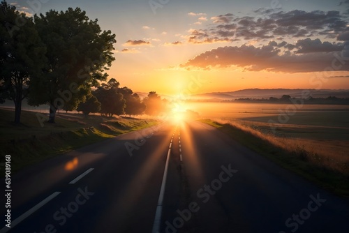 Perspective view of a simple road in sunset