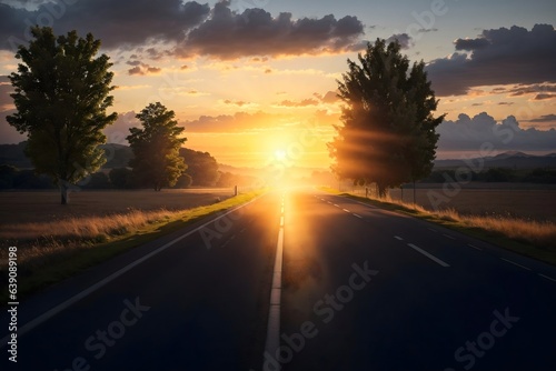 Perspective view of a simple road in sunset