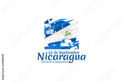 Translation: September 15, Nicaragua, Happy Independence day. Happy Independence Day of Nicaragua vector illustration. Suitable for greeting card, poster and banner.
