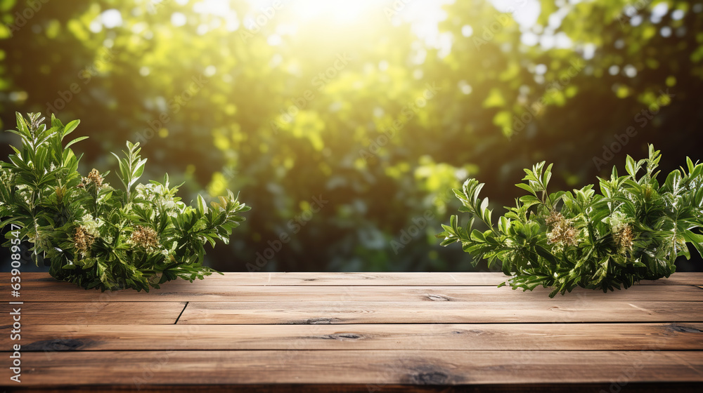An Empty rustic old wooden boards table copy space with coffee shrubs plants in background. Product display template. An Empty rustic old wooden boards table copy space with coffee shrubs plants in background. Product display template.