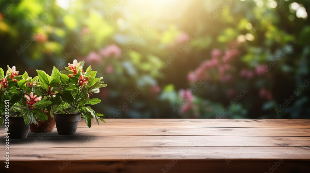 An Empty rustic old wooden boards table copy space with coffee shrubs plants in background. Product display template. An Empty rustic old wooden boards table copy space with coffee shrubs plants in background. Product display template.
