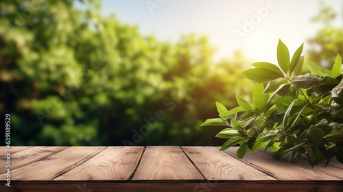 An  Empty rustic old wooden boards table copy space with coffee shrubs plants in background. Product display template.