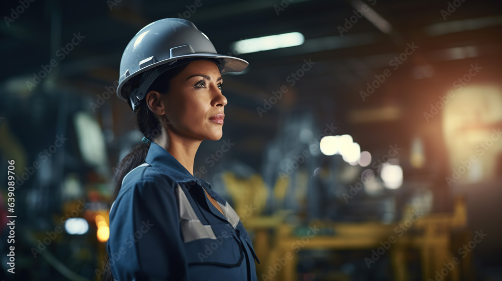 A Professional Heavy Industry Engineer/Worker Wearing Safety Uniform and Hard Hat Uses Tablet Computer. Serious Successful Female Industrial Specialist Walking in a Metal Manufacture Warehouse. A Professional Heavy Industry Engineer/Worker Wearing Safety Uniform and Hard Hat Uses Tablet Computer. Serious Successful Female Industrial Specialist Walking in a Metal Manufacture Warehouse.