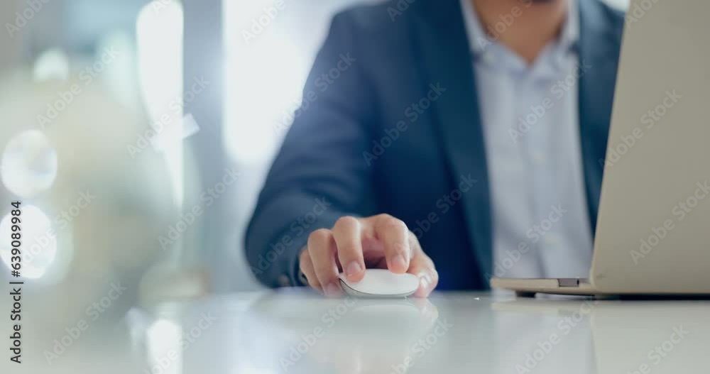 Hands, man and business professional with mouse on office desk working on research project, report or proposal. Person, laptop and entrepreneur with technology for web, internet and productivity Hands, man and business professional with mouse on office desk working on research project, report or proposal. Person, laptop and entrepreneur with technology for web, internet and productivity