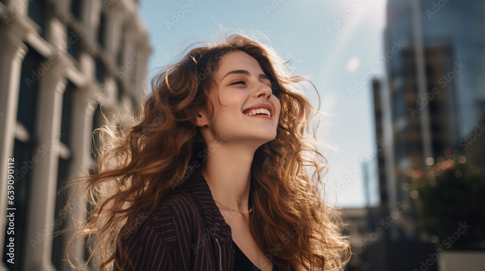 A Side view, portrait of a beautiful girl with brown hair, happy in the city.