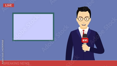 news anchor animation cartoon. male anchor character speaking at tv news video photo