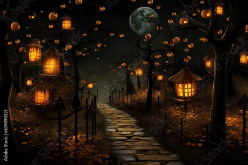 Halloween background with pumpkins  moon and lanterns