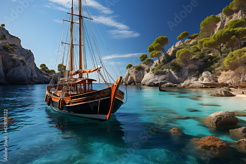 Beautiful beach with sailing boats, Spain. Cruise ship, travel and active lifestyle concept