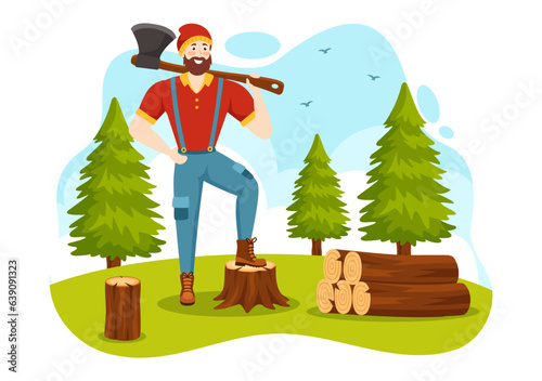Men Chopping Wood and Cutting Tree with Lumberjack Work Equipment Machinery or chainsaw in Flat Cartoon Background Templates Vector Illustration