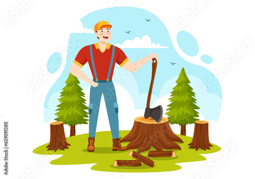Men Chopping Wood and Cutting Tree with Lumberjack Work Equipment Machinery or chainsaw in Flat Cartoon Background Templates Vector Illustration