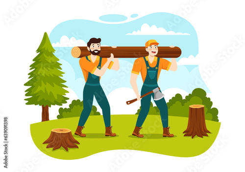 Men Chopping Wood and Cutting Tree with Lumberjack Work Equipment Machinery or chainsaw in Flat Cartoon Background Templates Vector Illustration