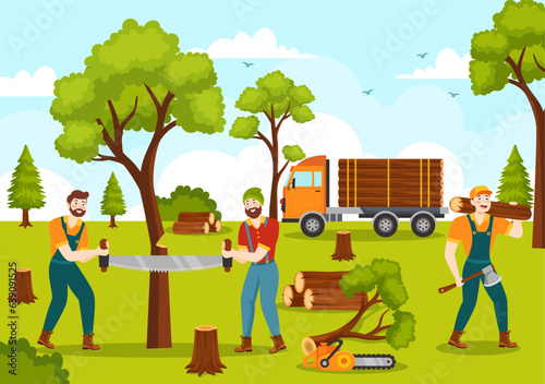 Men Chopping Wood and Cutting Tree with Lumberjack Work Equipment Machinery or chainsaw in Flat Cartoon Background Templates Vector Illustration