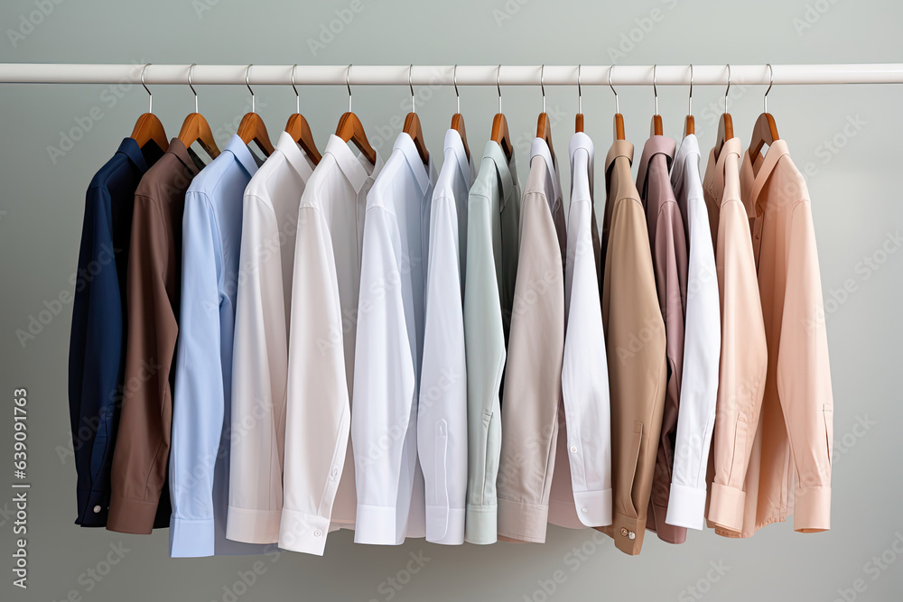 Row of shirts on hangers, front view Row of shirts on hangers, front view