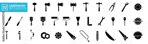 Slika na platnu Set of icons related to carpentry tools, various painting tools, carpenter icon