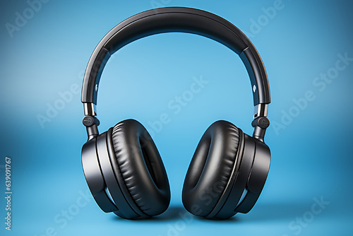 Photo of black headphones on a plain, clean, music-loving, realistic