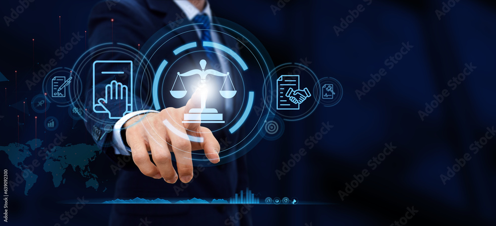 Fototapeta premium Legal advice for digital technologies, business, finance, intellectual property. Legal advisor, corporate lawyer, attorney service. Laws and regulations. Labor compliance.