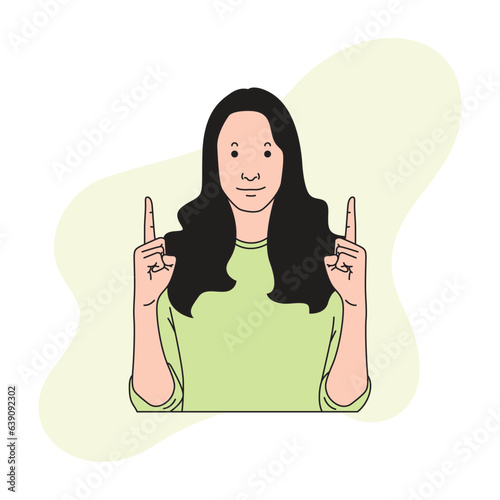 a woman with long hair is pointing both forefingers up
