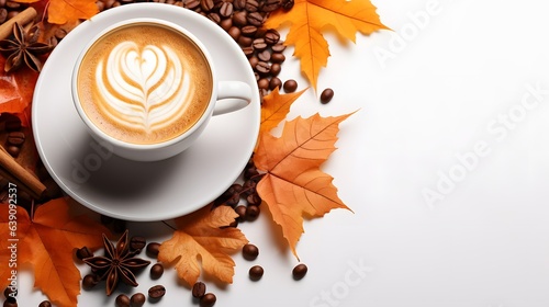 A pumpkin spice latte artfully arranged on a white background with cinnamon sticks and autumn leaves, AI Generative
