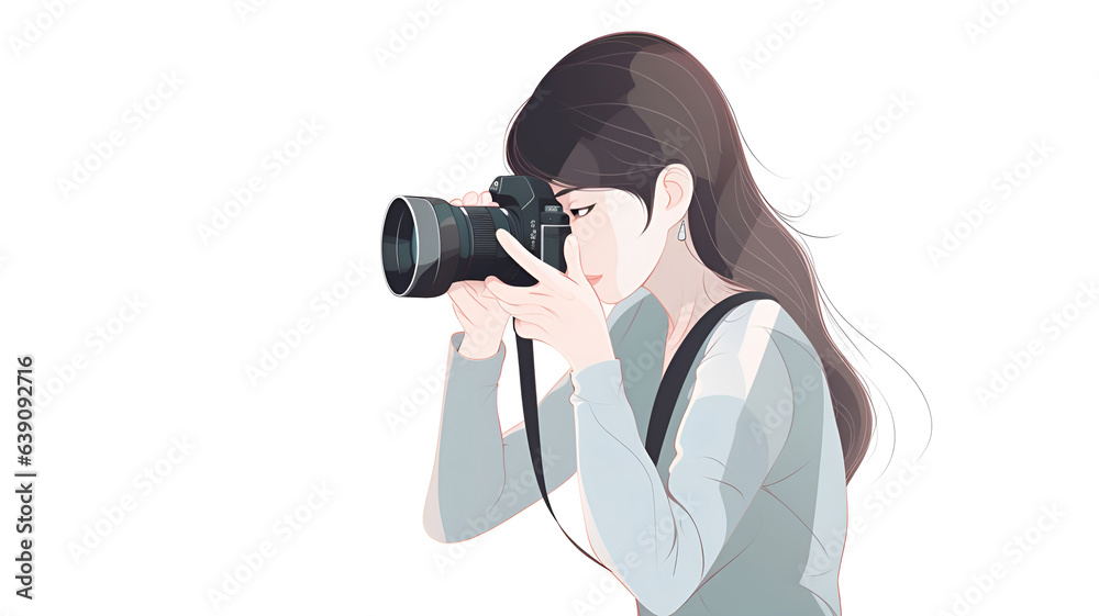 illustration of a long-haired girl photographer at the moment of shooting, all in soft colors, created by AI illustration of a long-haired girl photographer at the moment of shooting, all in soft colors, created by AI