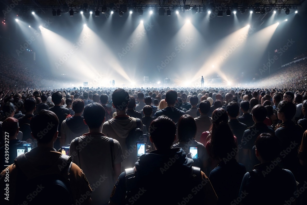 Back view of crowd of fans watching live concert performance with high contrast lights