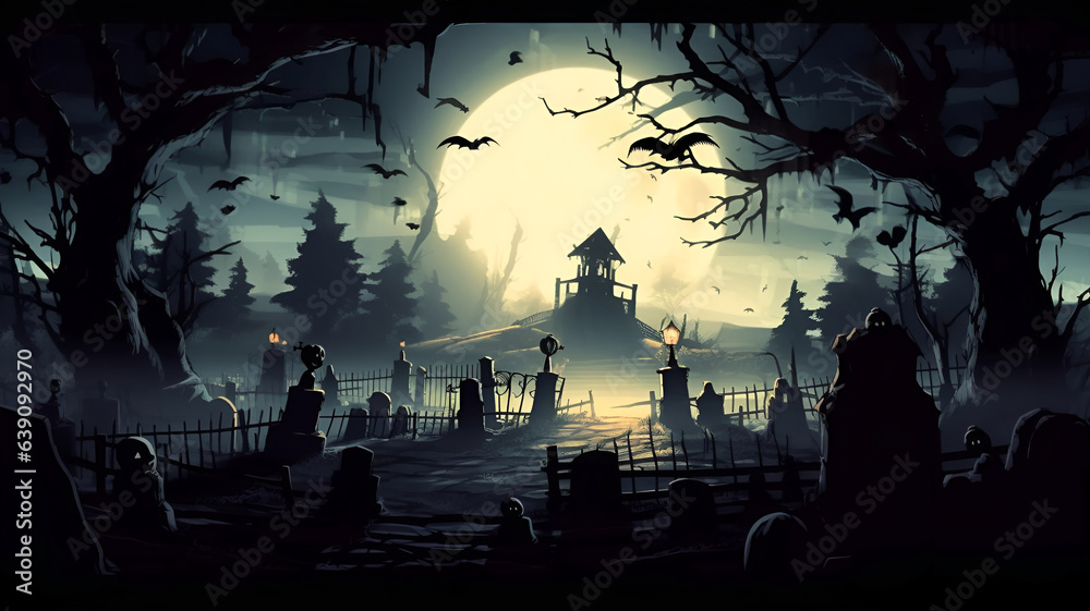 illustration of Halloween atmosphere in a night cemetery with a big full moon with dark trees and silhouettes of bats, AI generated