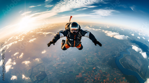 realistic illustration of a parachutist during a high-altitude skydive, created by AI