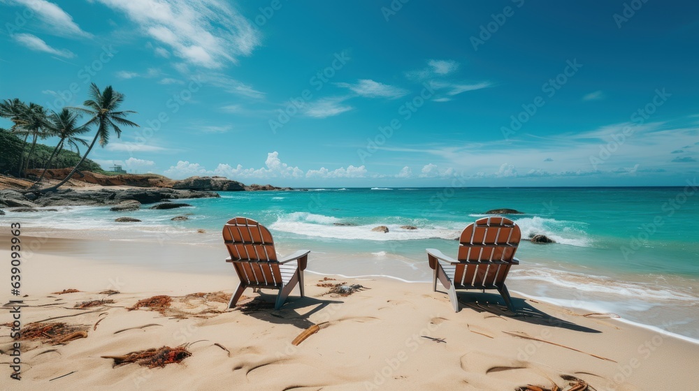 Beautiful beach. Chairs on the sandy beach near the sea. Summer holiday and vacation concept for tourism.