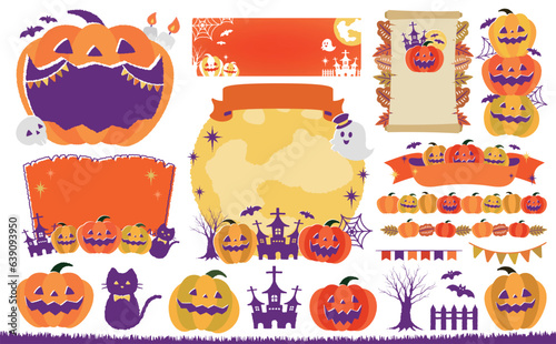 秋のおしゃれ手描き風かぼちゃハロウィン・ハロウィーンパンプキンベクターフレームとイラストの素材セット_紫