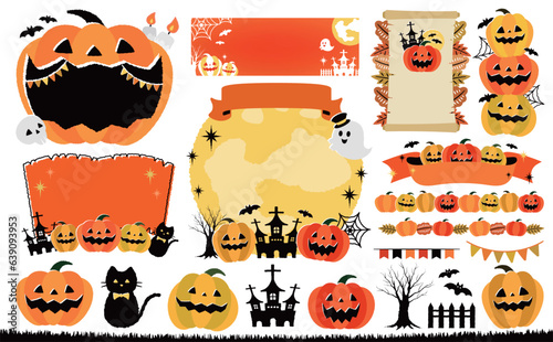 秋のおしゃれ手描き風かぼちゃハロウィン・ハロウィーンパンプキンベクターフレームとイラストの素材コレクション