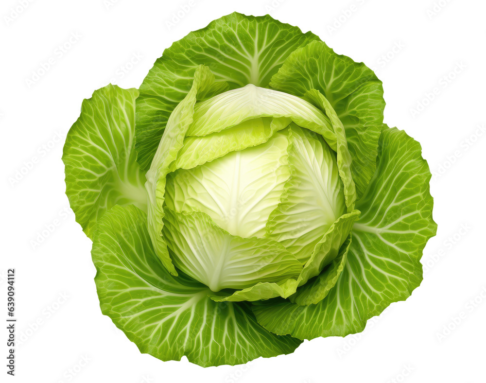 Fresh ripe whole cabbage isolated on transparent background, top view - obrazy, fototapety, plakaty 