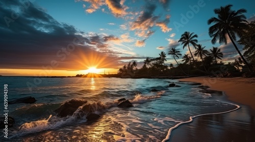 Silhouette of palm trees Beautiful sunset on the tropical sea beach background for travel in holiday relax time © Dushan