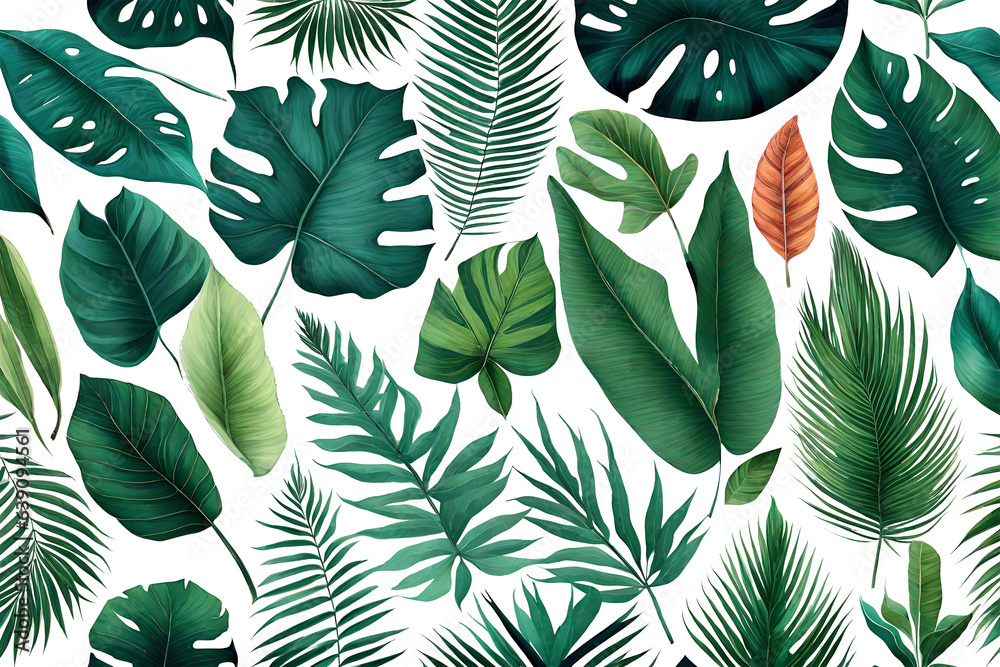 Fototapeta premium Tropical exotic leaves isolated on transparent background. Generative AI.