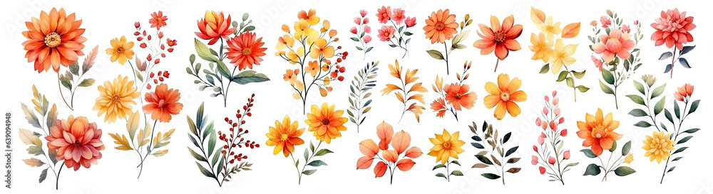 Set of beautiful flower ,Watercolor collection of hand drawn flowers , Botanical plant illustration transparent background, PNG ,Generative AI	
