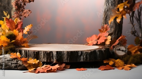 Autumn podium made of natural wood and autumn foliage. AI Generative