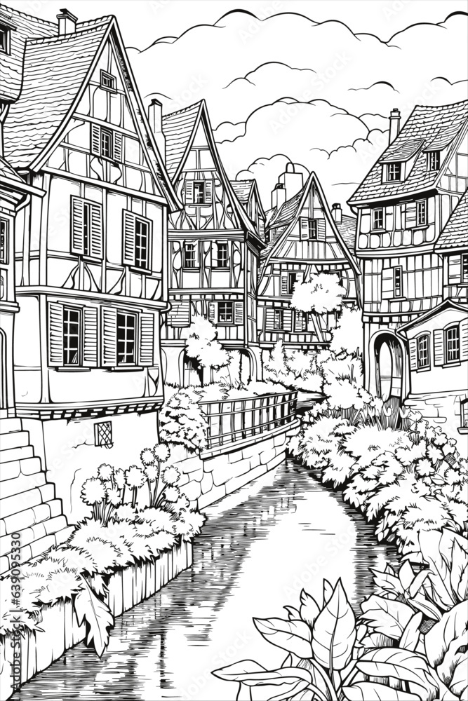 France Colmar village cityscape black and white coloring page for adults. Alsace buildings, canal, street, landmarks vector outline doodle sketch for anti stress color book.