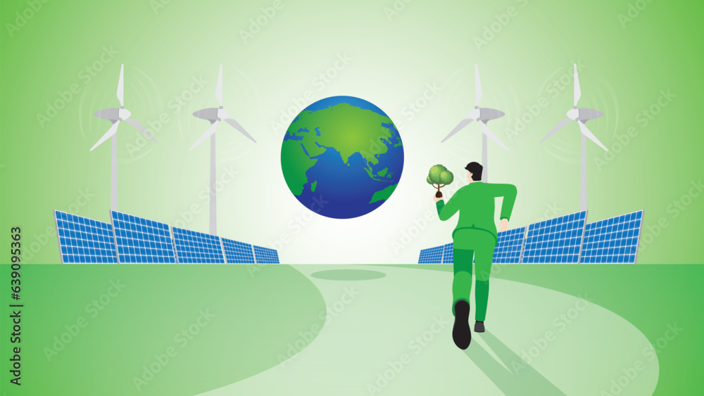 Back view of a businessman runs with a tree to the earth. Alternative renewable energy, Wind turbine generator power, solar cells panel, plant a tree, Sustainable and environmental concern concept. Back view of a businessman runs with a tree to the earth. Alternative renewable energy, Wind turbine generator power, solar cells panel, plant a tree, Sustainable and environmental concern concept.