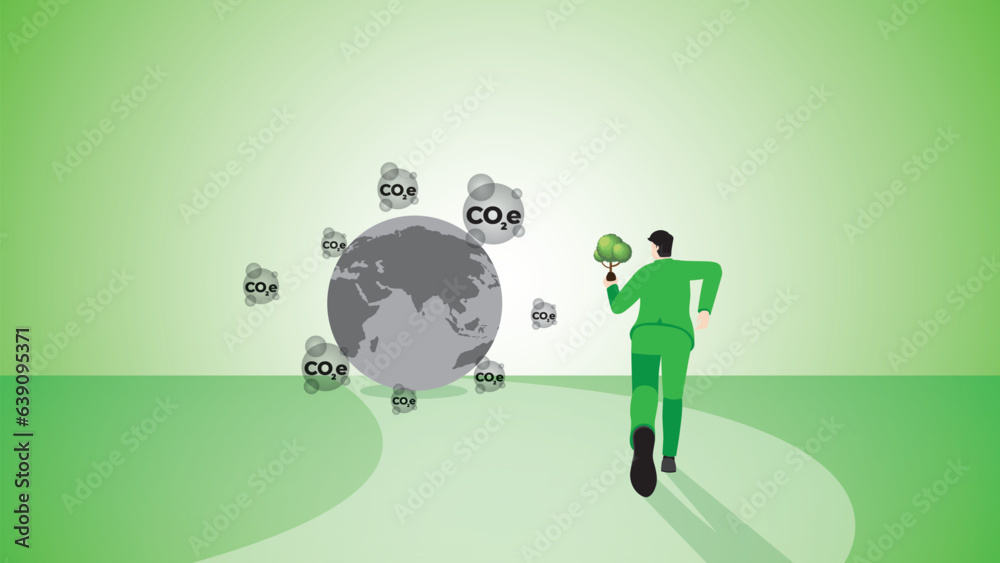 The back view of a businessman runs with a tree to the destroyed gray earth by carbon emission. Environmental concern, plant a tree, Net zero, Reduce carbon footprint, Save the world, and Sustainable. The back view of a businessman runs with a tree to the destroyed gray earth by carbon emission. Environmental concern, plant a tree, Net zero, Reduce carbon footprint, Save the world, and Sustainable.