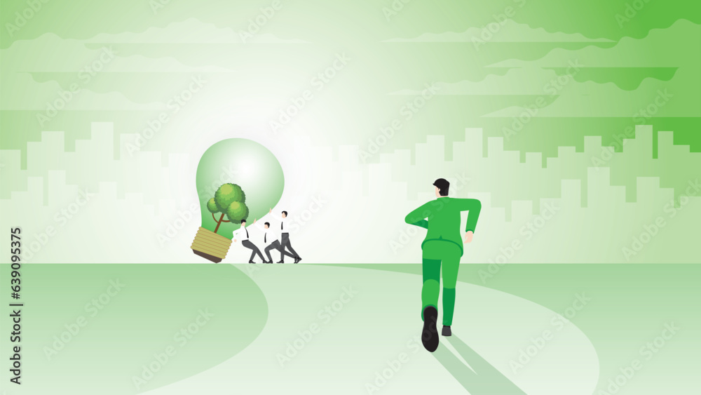 Back view of businessman runs aim to target goal. to help push a tree light bulb. Environmental policy idea, Net zero emission, Carbon footprint reduction, Sustainable, Eco friendly and green concept. Back view of businessman runs aim to target goal. to help push a tree light bulb. Environmental policy idea, Net zero emission, Carbon footprint reduction, Sustainable, Eco friendly and green concept.