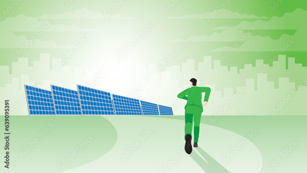 Back view of businessman runs aim to target goal. solar cells in a city. ESG, Renewable, Alternative, Sustainable Environmental policy, Carbon footprint reduction, Net zero emission and green convept. Back view of businessman runs aim to target goal. solar cells in a city. ESG, Renewable, Alternative, Sustainable Environmental policy, Carbon footprint reduction, Net zero emission and green convept.