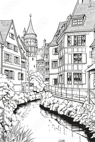 France Colmar village cityscape black and white coloring page for adults. Alsace buildings  canal  street  landmarks vector outline doodle sketch for anti stress color book. AI generative