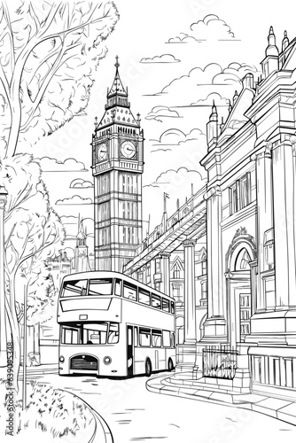 England,  London black and white coloring page for adults. UK, United Kingdom city, cityscape, buildings, street, landmarks vector outline doodle sketch for anti stress color book