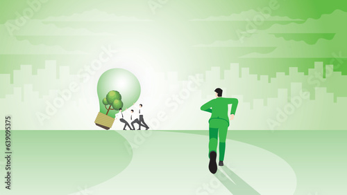 Back view of businessman runs aim to target goal. to help push a tree light bulb. Environmental policy idea, Net zero emission, Carbon footprint reduction, Sustainable, Eco friendly and green concept.