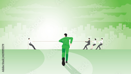 Back view of a businessman runs aim to target goal. to help a team pull a rope in tug of war. Business competition, contest of career, competing at work, office workplace, boss and employee concept.