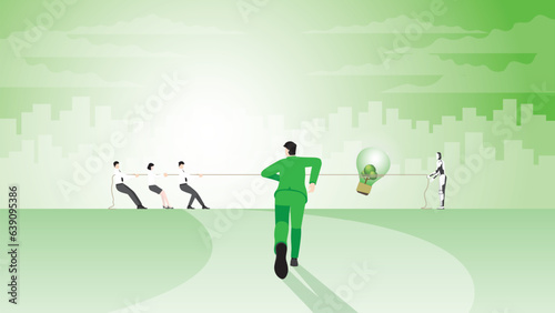 Back view of businessman runs to target goal. help a team pull a rope in a tug of war with AI. ESG idea competition, Environmental policy, Net zero emission, Carbon footprint reduction, Sustainable.